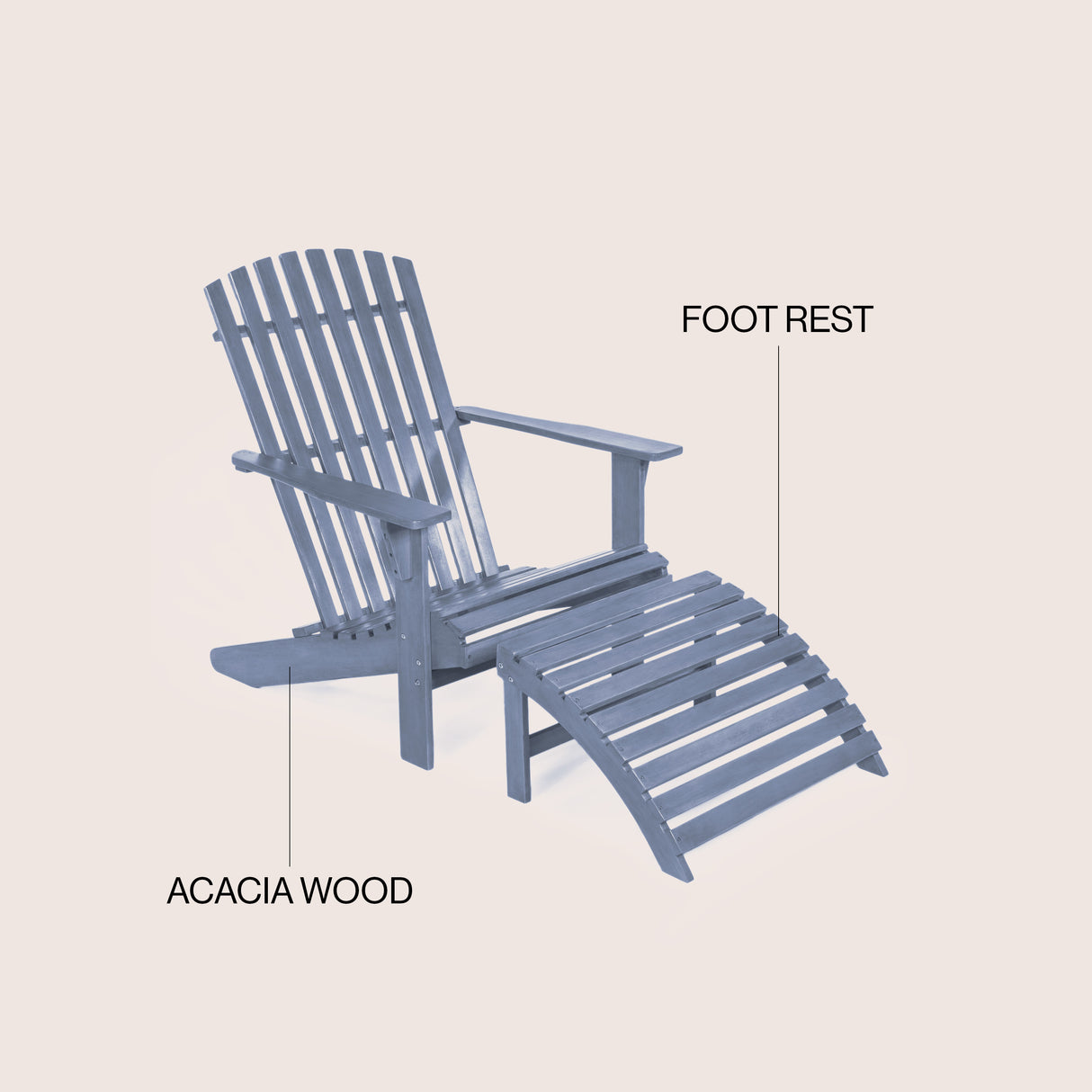 2-piece rustic acacia wood adirondack chair with detachable ottoman- 5 colors available