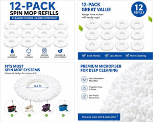 12-Pack Microfiber Spin Mop Replacement Heads – 360° Floor Cleaning Mop Refills