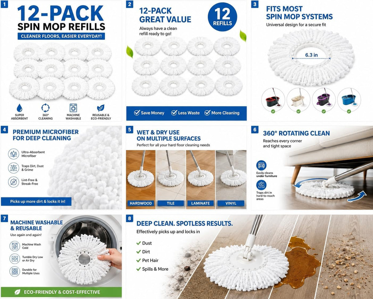 12-Pack Microfiber Spin Mop Replacement Heads – 360° Floor Cleaning Mop Refills