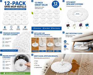 12-Pack Microfiber Spin Mop Replacement Heads – 360° Floor Cleaning Mop Refills