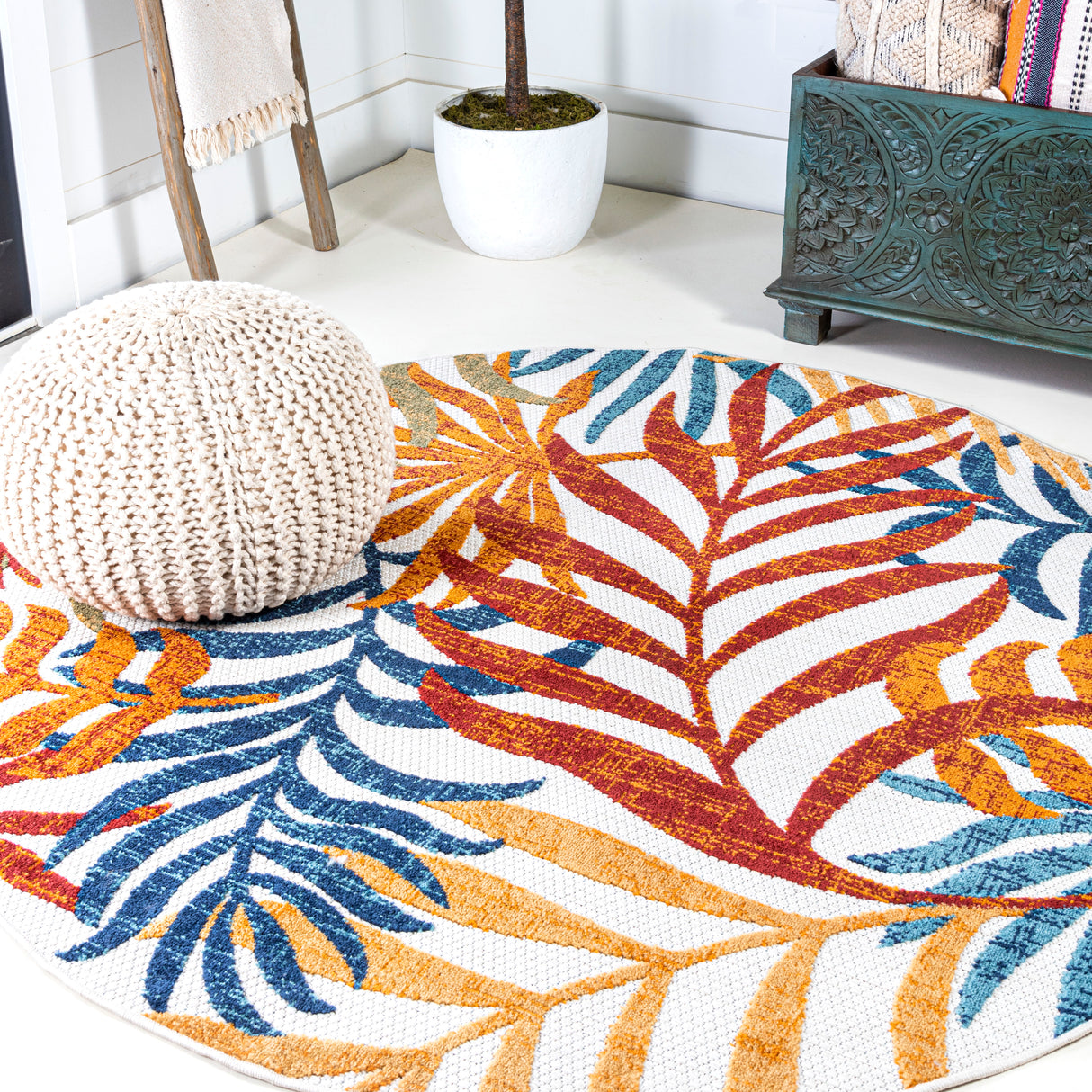 Tropics-Palm-Leaves-Round-Indoor/Outdoor-Area-Rug-Area-Rugs