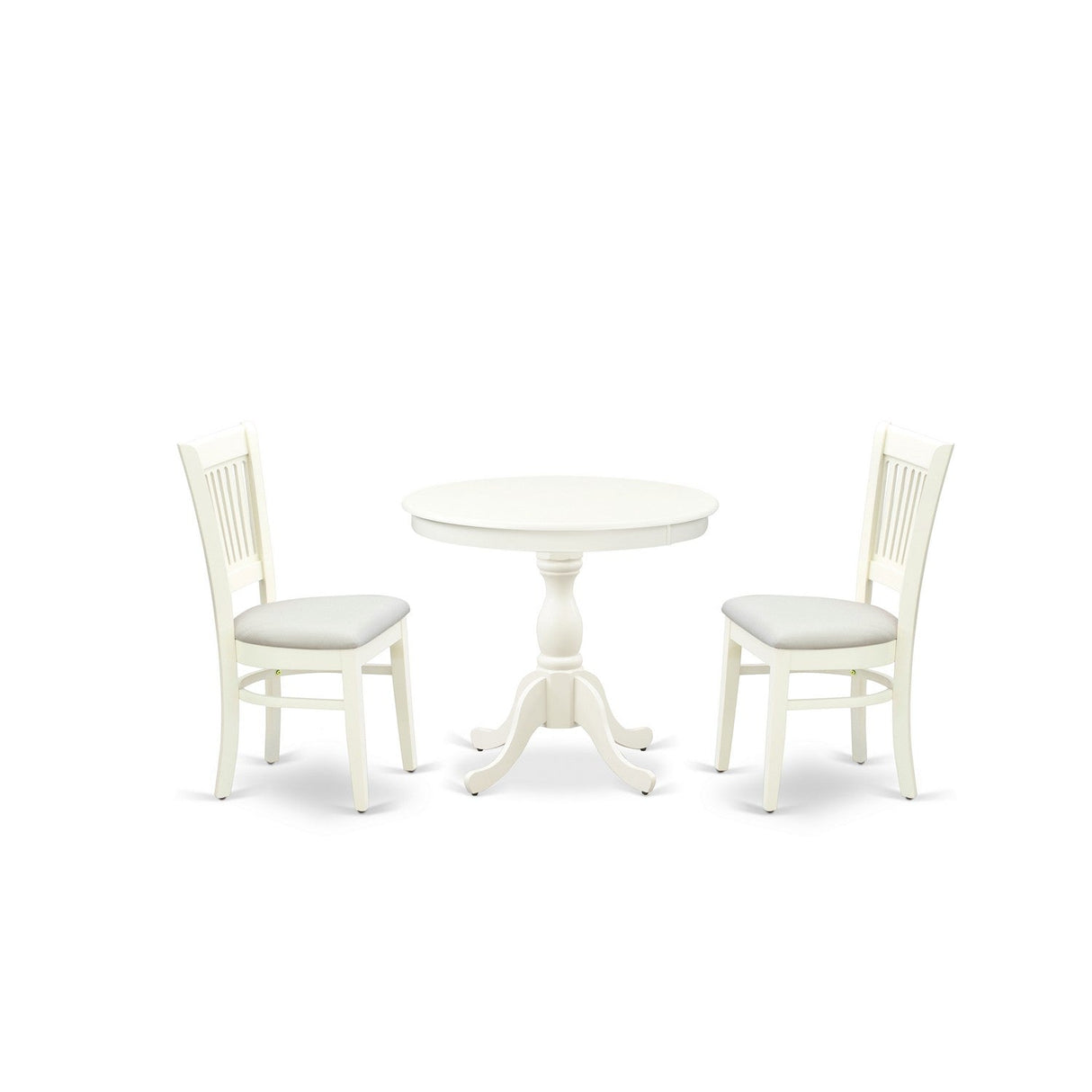 EAST WEST FURNITURE - AMVA3-LWH-C - 3-Piece Dinette Set- 2 Dining Room Chair and Round Dining Table - Linen Fabric Seat and Slatted Chair Back (linen white Finish)