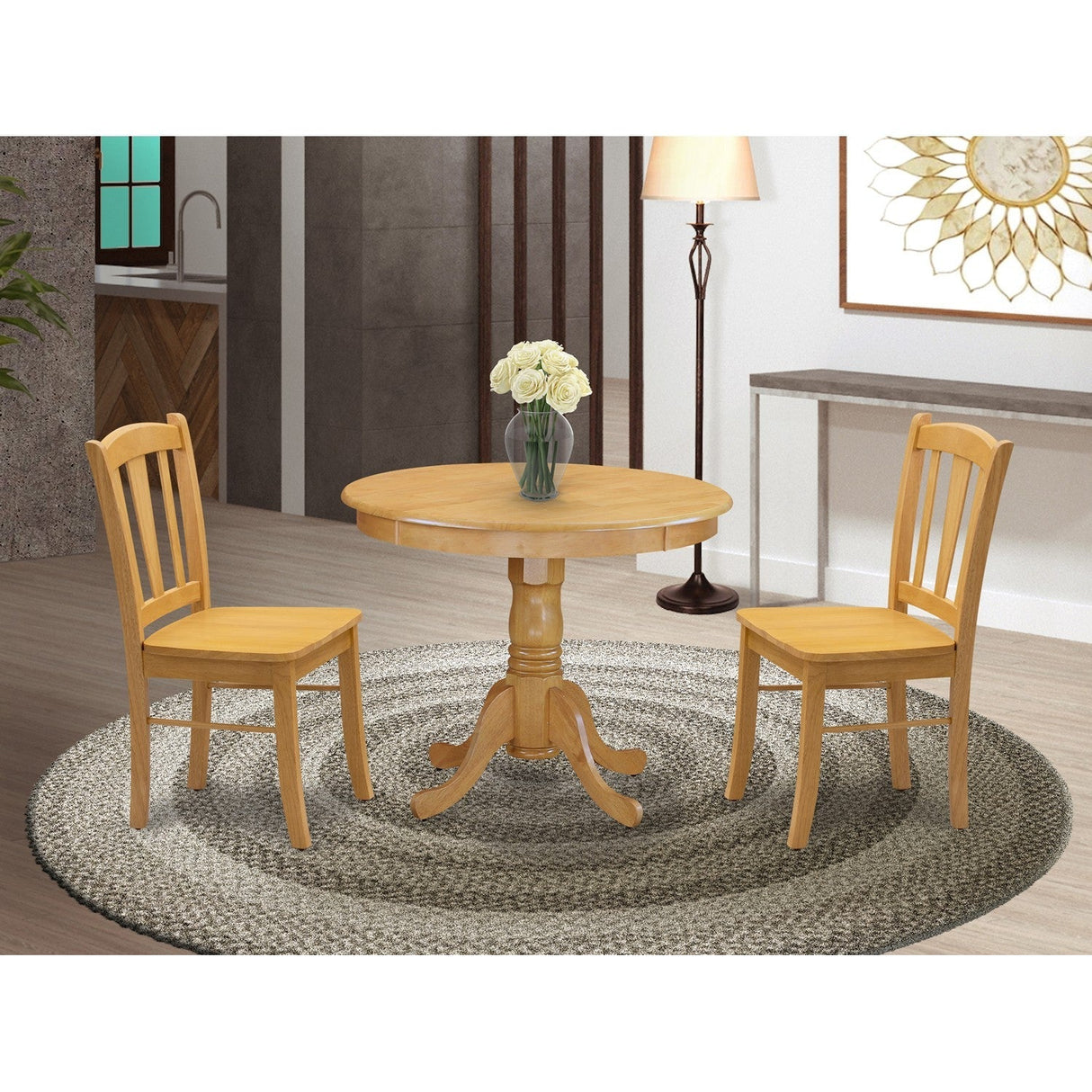EAST WEST FURNITURE - ANDL3-OAK-W - 3-Piece Dinette Room Set- 2 Kitchen Dining Chair and Wooden Dining Table - Wooden Seat and Slatted Chair Back - Oak Finish