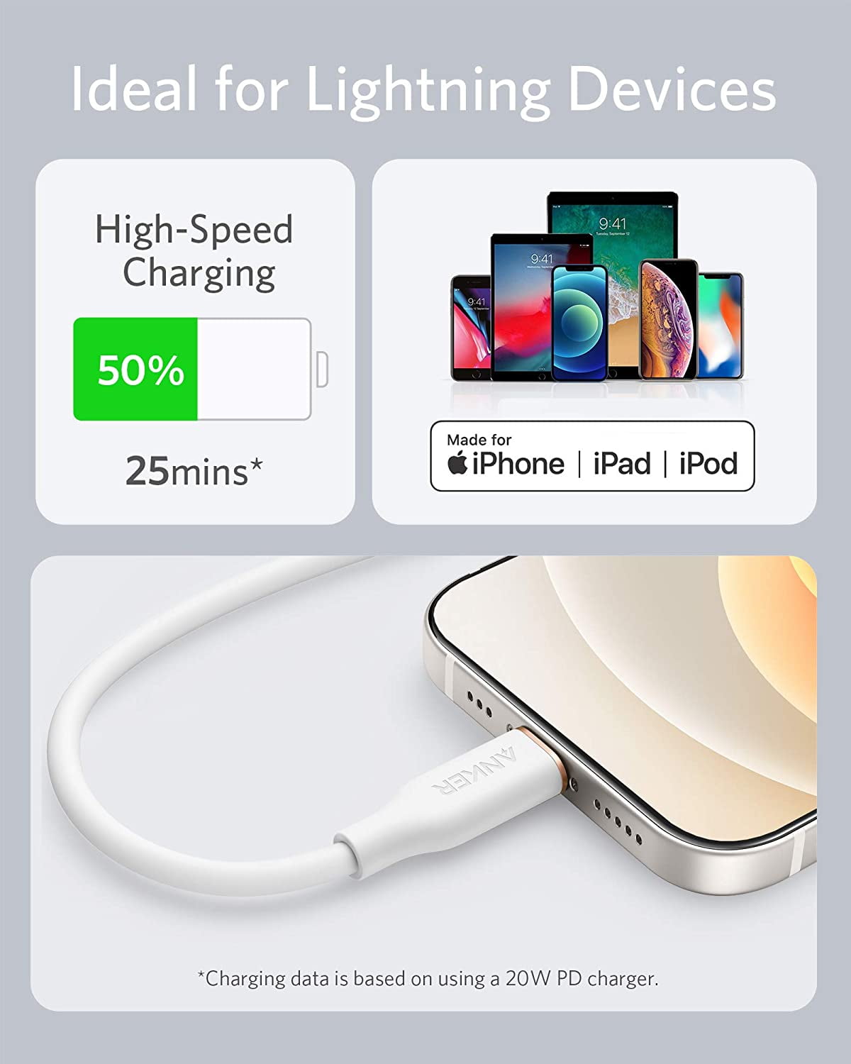 Anker Powerline III Flow USB C Fast PD Charging Cable 3/6ft Silica Gel Lightning Cable [White]