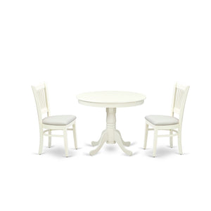EAST WEST FURNITURE - ANVA3-LWH-C - 3-Pc Dining Room Table Set- 2 Wooden Chairs and Round Dining Table - Linen Fabric Seat and Slatted Chair Back (linen white Finish)