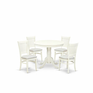 EAST WEST FURNITURE - ANVA5-LWH-C - 5-Piece Dining Table Set- 4 dining room chairs and Wooden Dining Table - Linen Fabric Seat and Slatted Chair Back (linen white Finish)