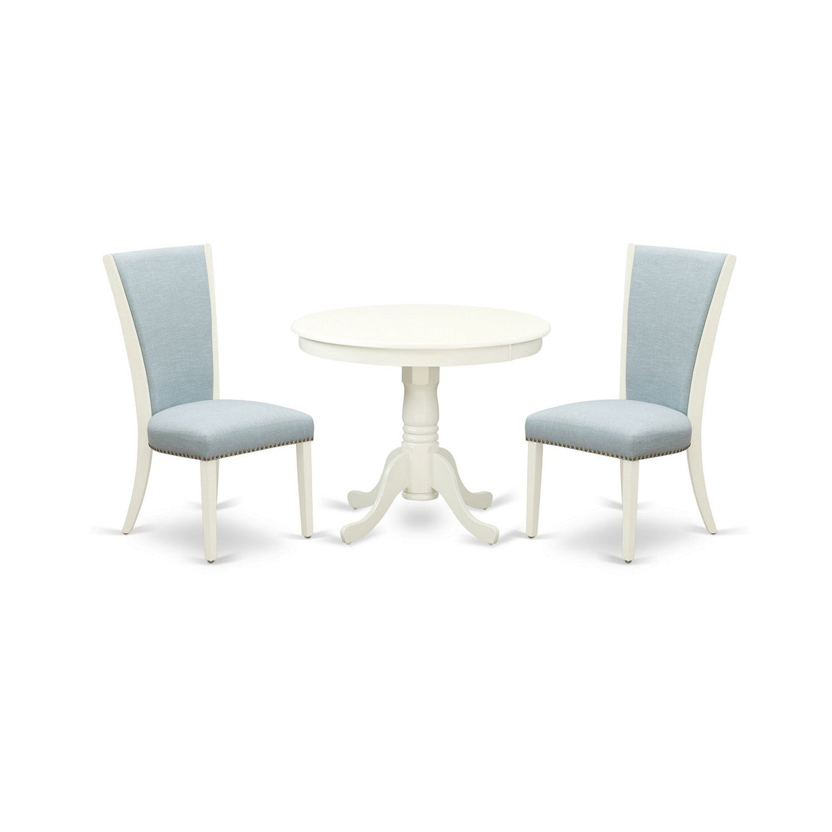 EAST WEST FURNITURE - ANVE3-LWH-15 - 3 Pc Dining Room Set - 2 Baby Blue Linen Fabric Dining Chairs with High Back and 1 Removable leaf Dining Room Table - linen white Finish