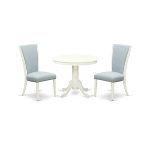 EAST WEST FURNITURE - ANVE3-LWH-15 - 3 Pc Dining Room Set - 2 Baby Blue Linen Fabric Dining Chairs with High Back and 1 Removable leaf Dining Room Table - linen white Finish