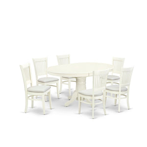 EAST WEST FURNITURE - AVVA7-LWH-C - 7-Piece Dining Table Set- 6 Dining Chairs with Linen Fabric Seat and Slatted Chair Back - Removable leaf Modern Oval Dining Table - linen white Finish