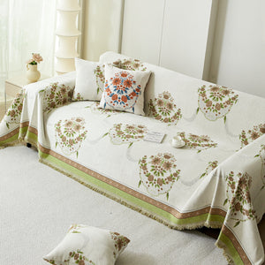 Charming French Country Floral Basket Sofa Throw Cover Rustic Farmhouse-Style Couch Cover Blankets
