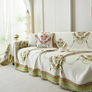 Charming French Country Floral Basket Sofa Throw Cover Rustic Farmhouse-Style Couch Cover Blankets