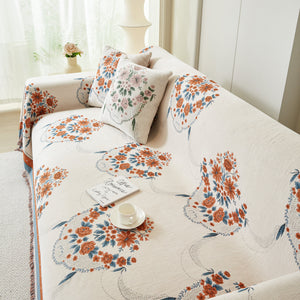 Charming French Country Floral Basket Sofa Throw Cover Rustic Farmhouse-Style Couch Cover Blankets