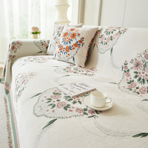 Charming French Country Floral Basket Sofa Throw Cover Rustic Farmhouse-Style Couch Cover Blankets