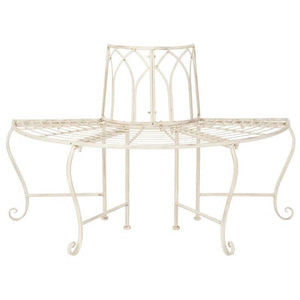 Half-Circle Outdoor Patio Garden Antique White Wrought Iron Tree Bench