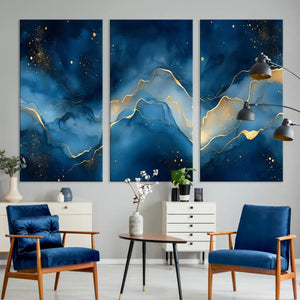 Abstract Blue Gold Wall Art Canvas Print – Modern Fluid