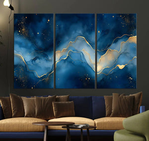 Abstract Blue Gold Wall Art Canvas Print – Modern Fluid
