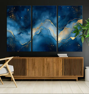 Abstract Blue Gold Wall Art Canvas Print – Modern Fluid
