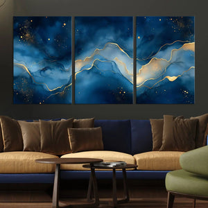 Abstract Blue Gold Wall Art Canvas Print – Modern Fluid