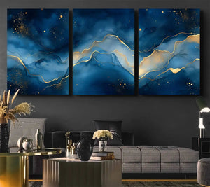 Abstract Blue Gold Wall Art Canvas Print – Modern Fluid