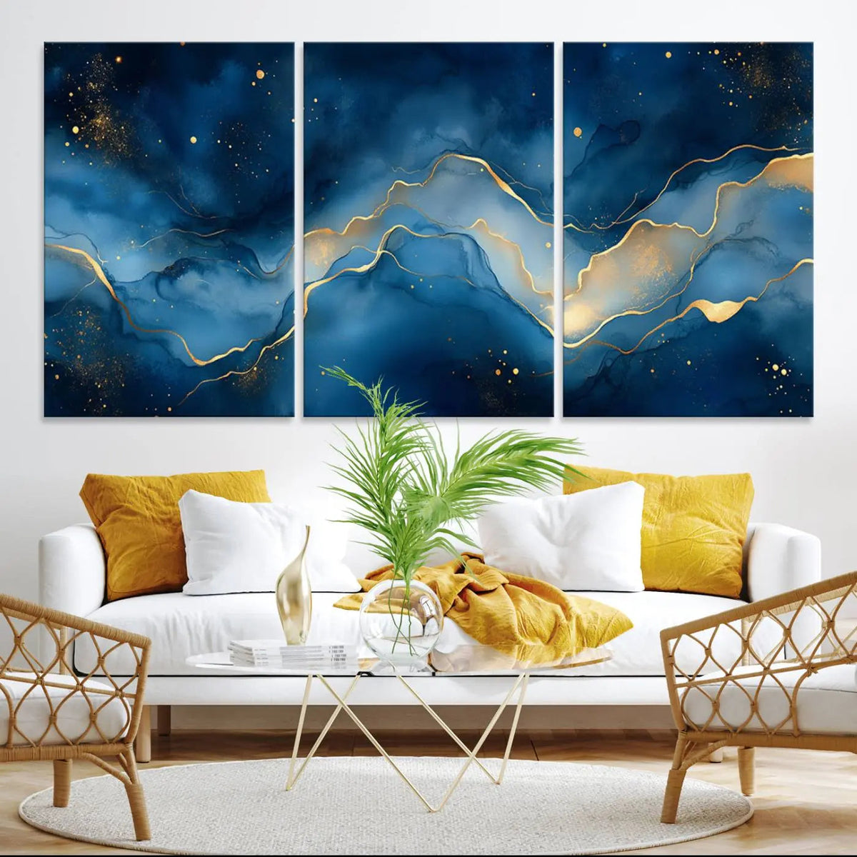 Abstract Blue Gold Wall Art Canvas Print – Modern Fluid