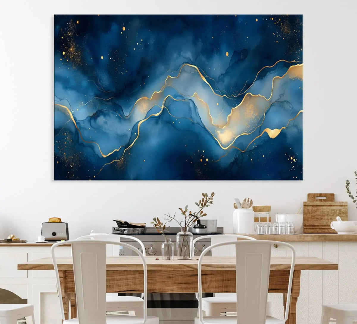 Abstract Blue Gold Wall Art Canvas Print – Modern Fluid