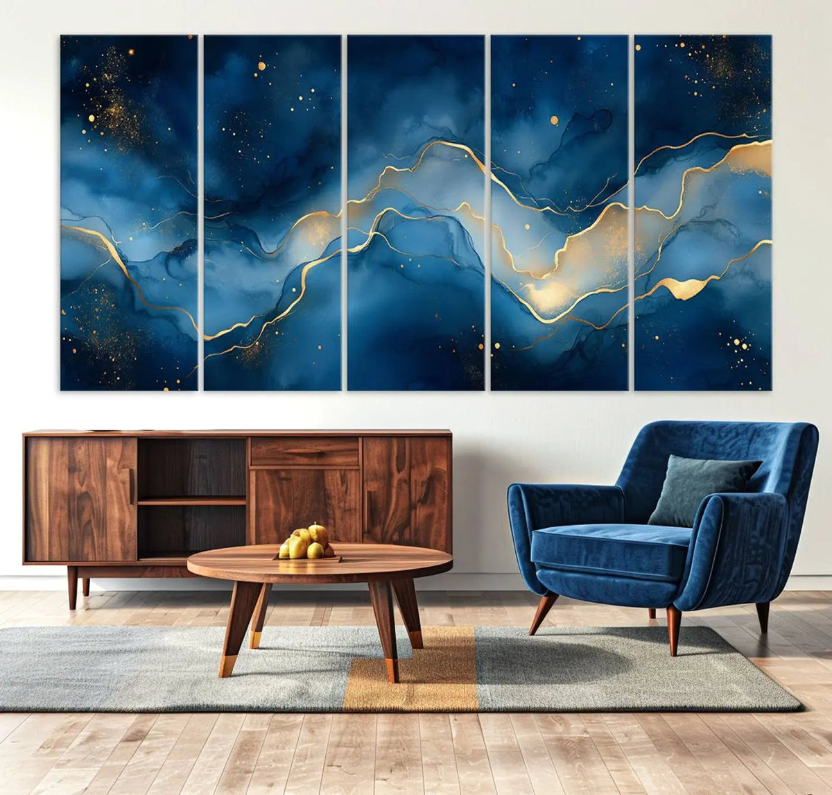 Abstract Blue Gold Wall Art Canvas Print – Modern Fluid