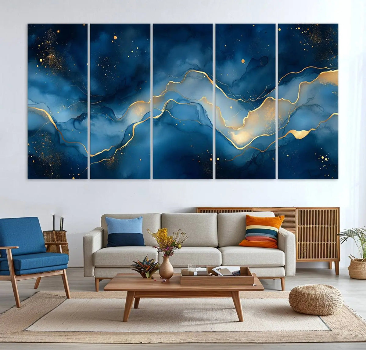 Abstract Blue Gold Wall Art Canvas Print – Modern Fluid