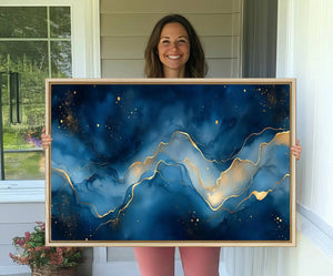 Abstract Blue Gold Wall Art Canvas Print – Modern Fluid