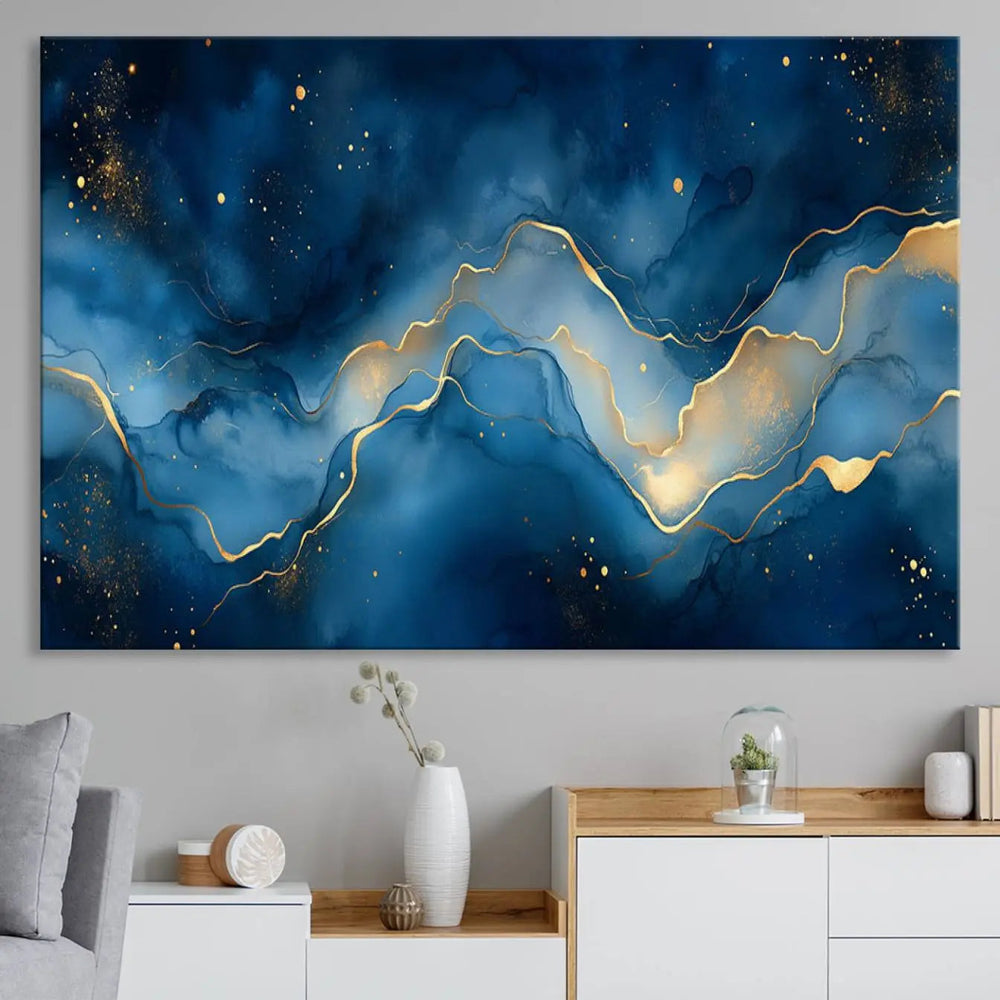 Abstract Blue Gold Wall Art Canvas Print – Modern Fluid
