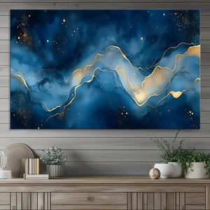 Abstract Blue Gold Wall Art Canvas Print – Modern Fluid