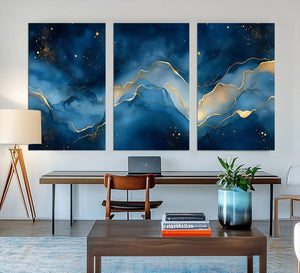Abstract Blue Gold Wall Art Canvas Print – Modern Fluid