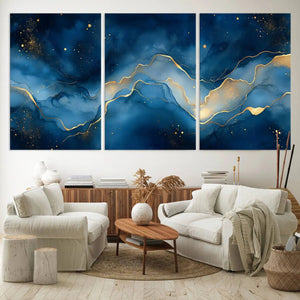 Abstract Blue Gold Wall Art Canvas Print – Modern Fluid