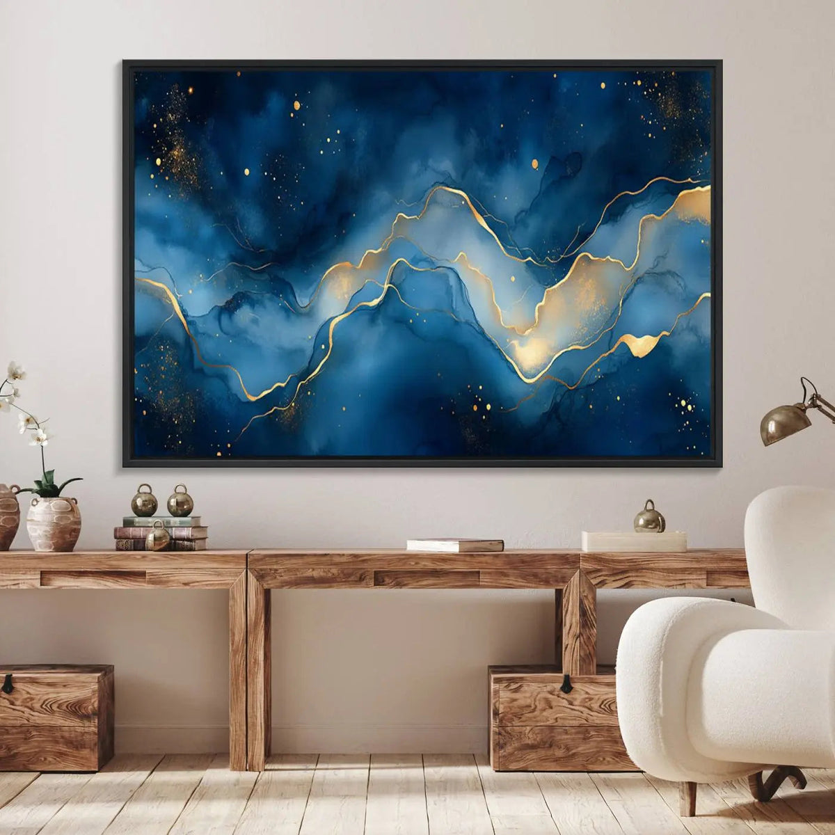 Abstract Blue Gold Wall Art Canvas Print – Modern Fluid