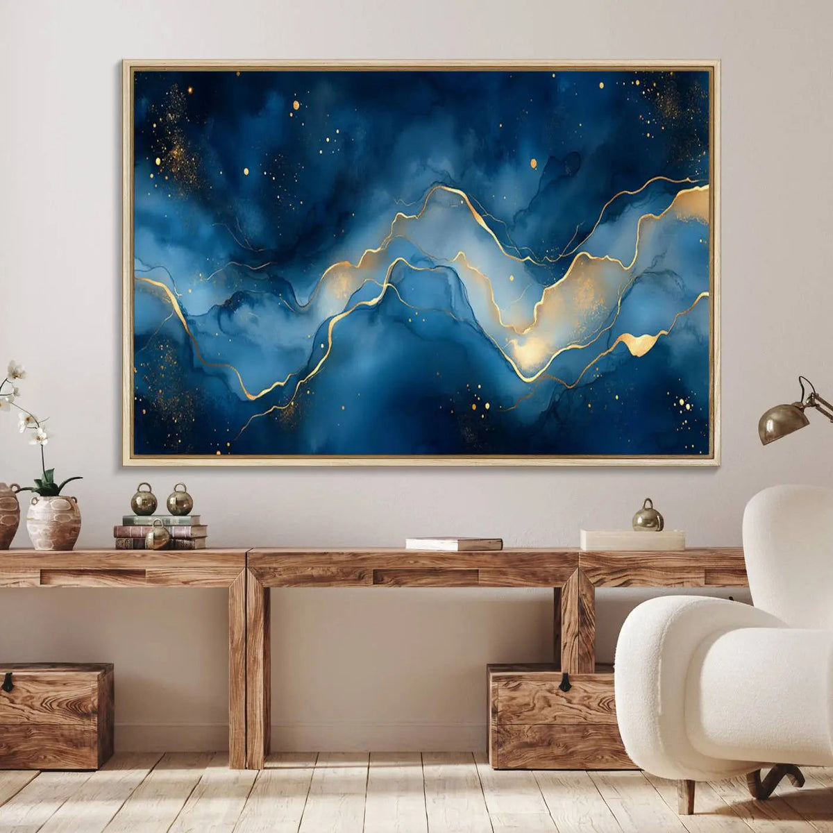 Abstract Blue Gold Wall Art Canvas Print – Modern Fluid