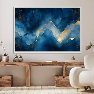 Abstract Blue Gold Wall Art Canvas Print – Modern Fluid