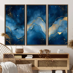 Abstract Blue Gold Wall Art Canvas Print – Modern Fluid
