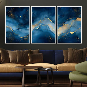 Abstract Blue Gold Wall Art Canvas Print – Modern Fluid