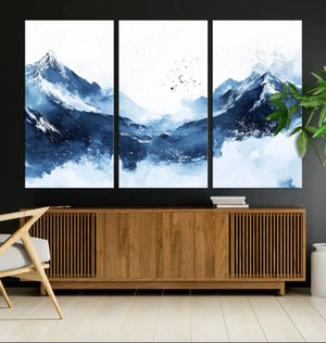 Abstract Deep Blue Mountain Wall Art Canvas Print – Snowy