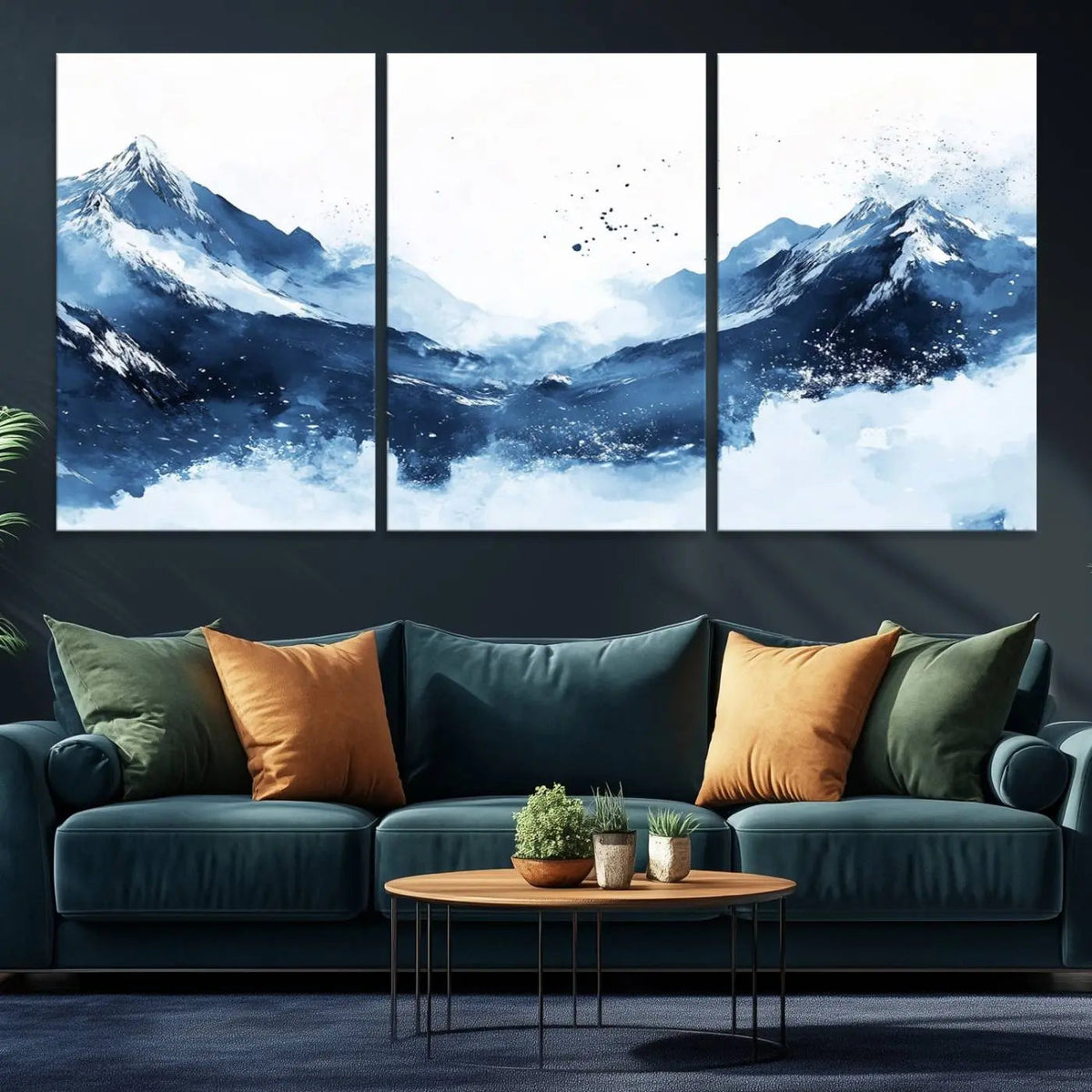 Abstract Deep Blue Mountain Wall Art Canvas Print – Snowy