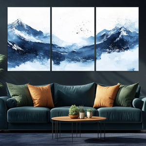 Abstract Deep Blue Mountain Wall Art Canvas Print – Snowy