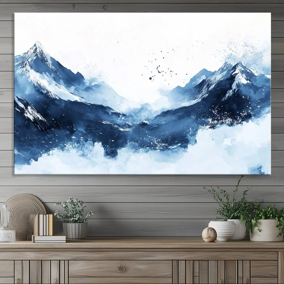 Abstract Deep Blue Mountain Wall Art Canvas Print – Snowy