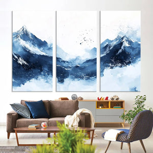Abstract Deep Blue Mountain Wall Art Canvas Print – Snowy