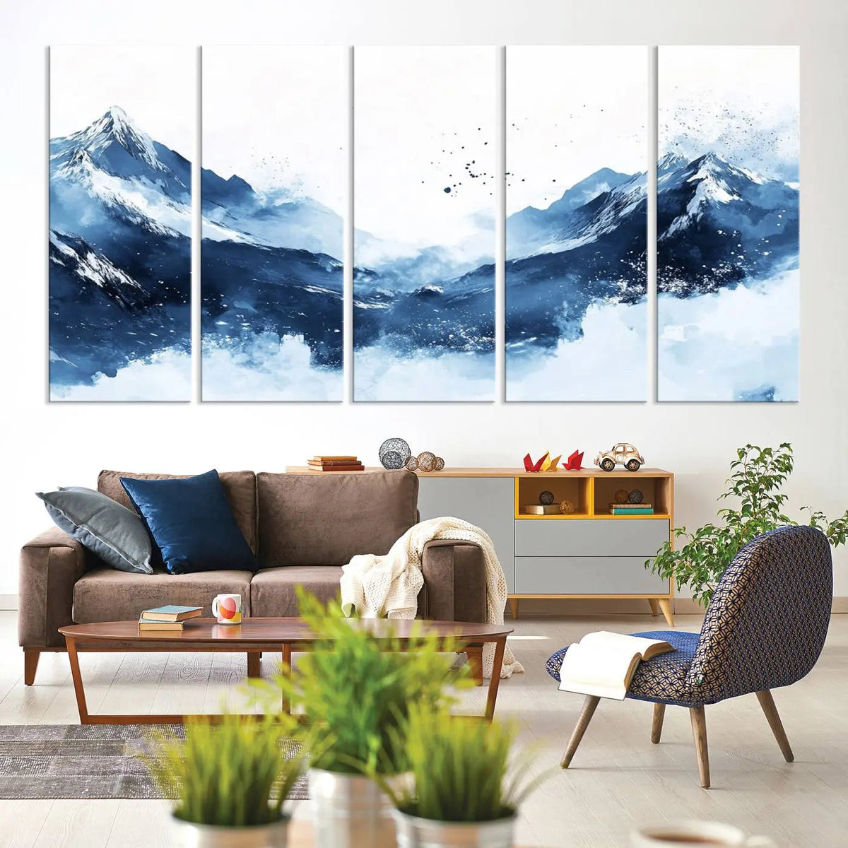 Abstract Deep Blue Mountain Wall Art Canvas Print – Snowy