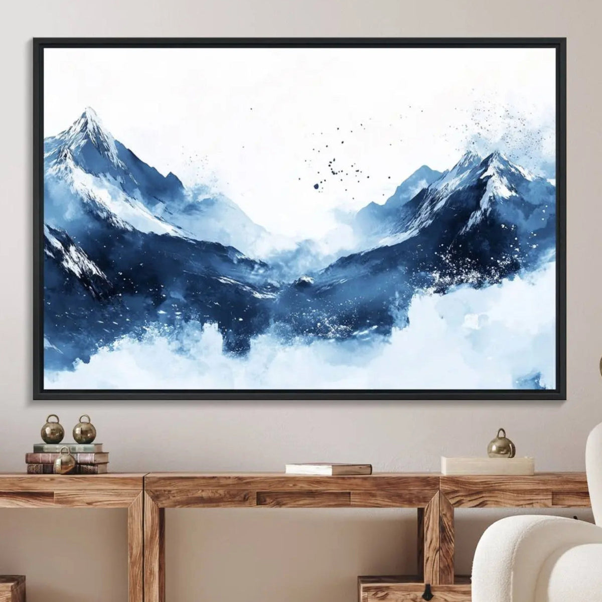 Abstract Deep Blue Mountain Wall Art Canvas Print – Snowy