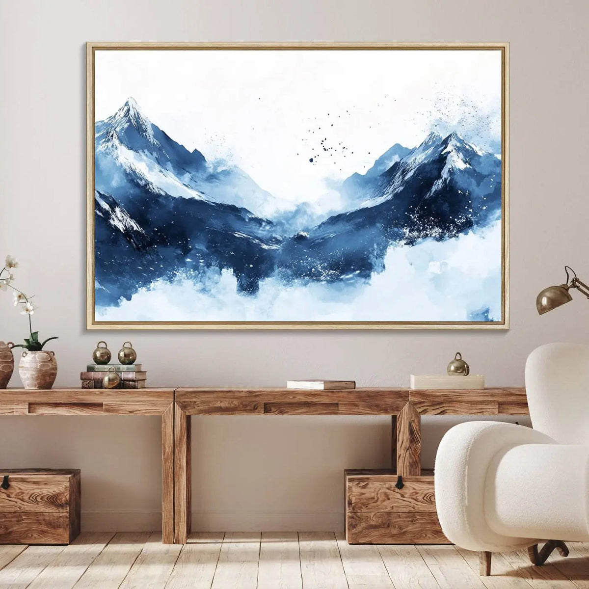 Abstract Deep Blue Mountain Wall Art Canvas Print – Snowy