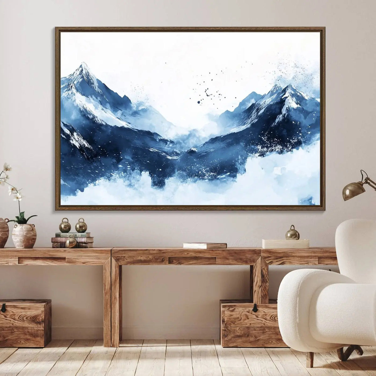 Abstract Deep Blue Mountain Wall Art Canvas Print – Snowy