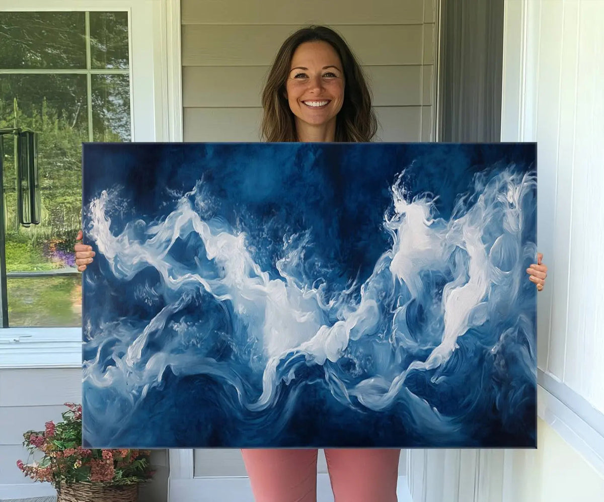 Abstract Ocean Storm Wall Art Canvas Print – Deep Blue White