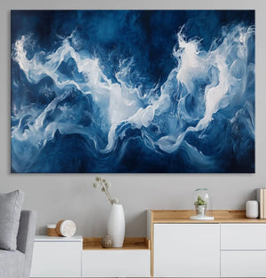 Abstract Ocean Storm Wall Art Canvas Print – Deep Blue White
