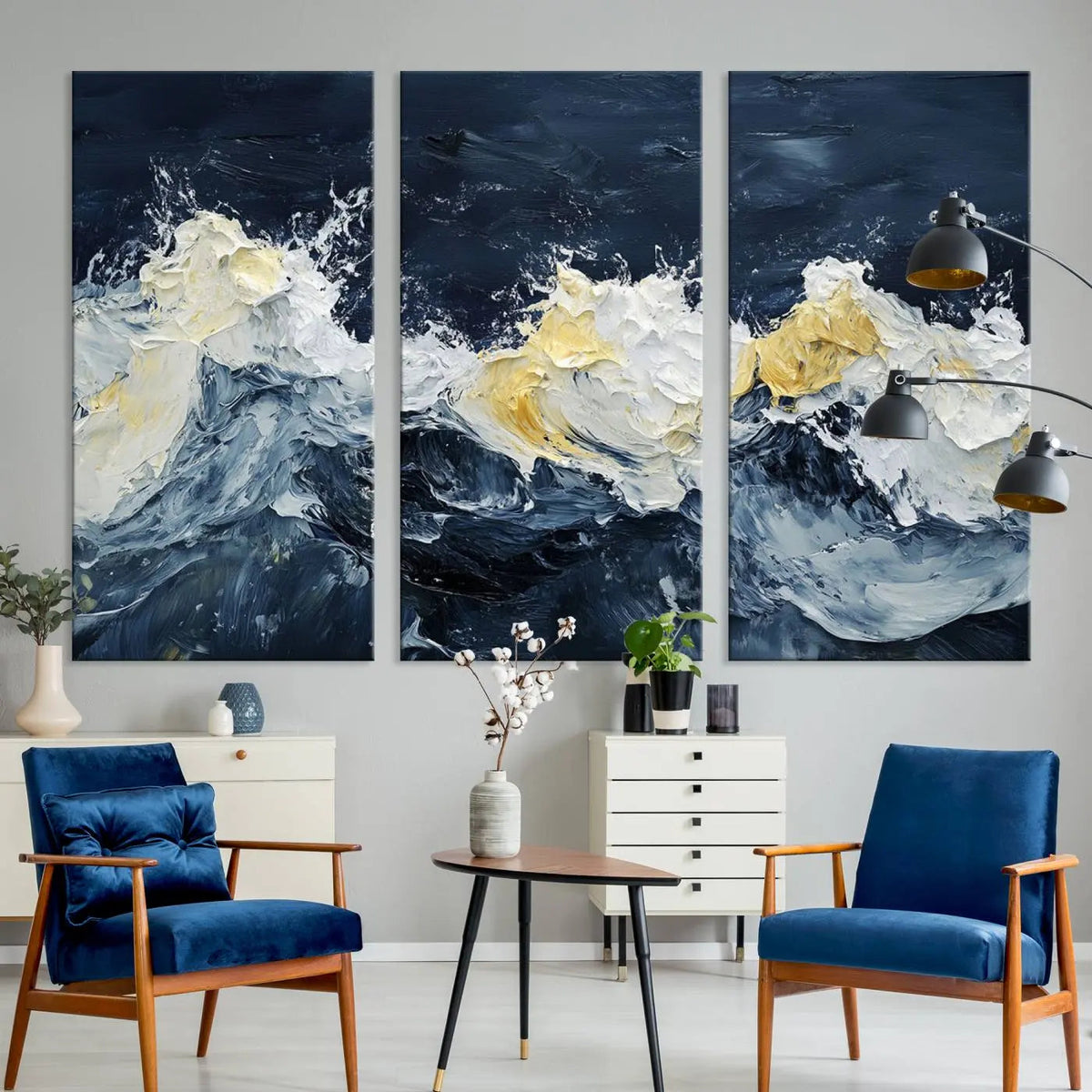 Abstract Ocean Waves Wall Art Canvas Print – Framed Blue