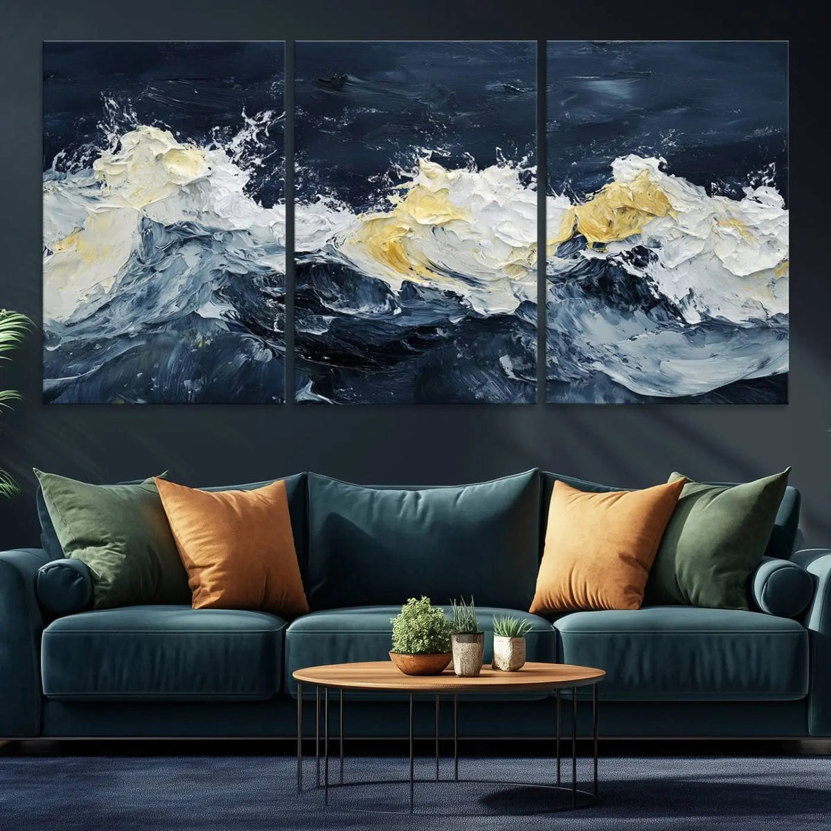 Abstract Ocean Waves Wall Art Canvas Print – Framed Blue